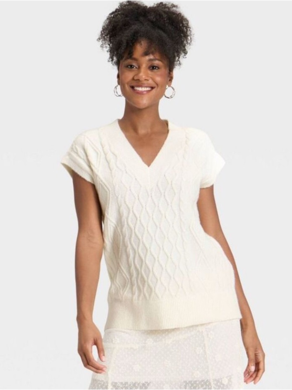 Classic Cream Cable-Knit V-Neck Sweater Vest- oversized